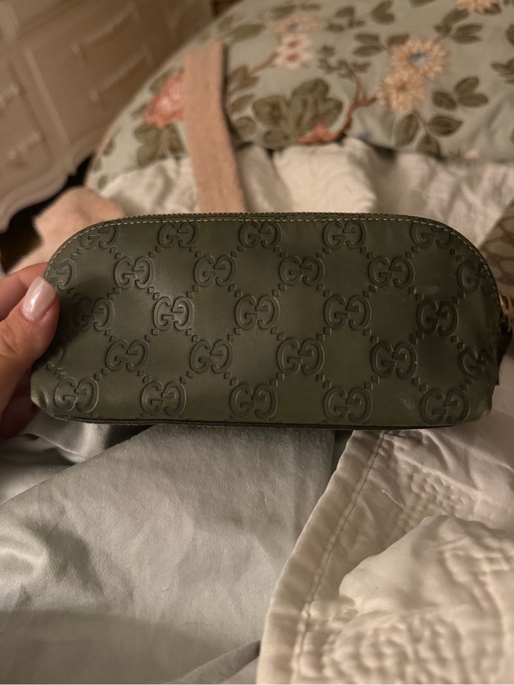 Gucci Olive Green Embossed GG Leather Cosmetic Case